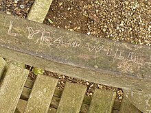 "Lyra+Will" carved in the bench in the Oxford Botanic Garden. Lyra+Will.jpg