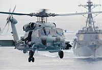 MH-60R Sea Hawk helicopter prepares to land aboard the aircraft carrier USS John C. Stennis (cropped).jpg