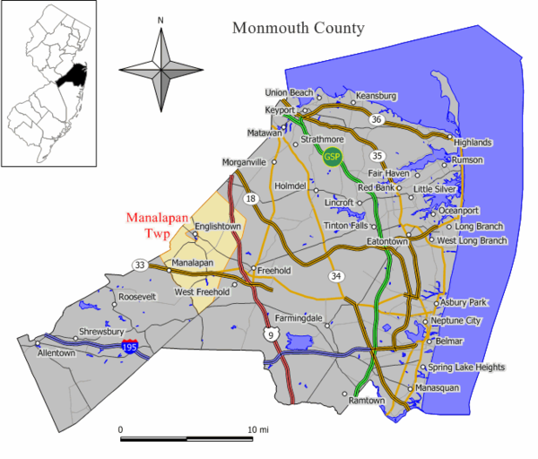 Map of Manalapan Township in Monmouth County. Inset: Location of Monmouth County highlighted in the State of New Jersey.