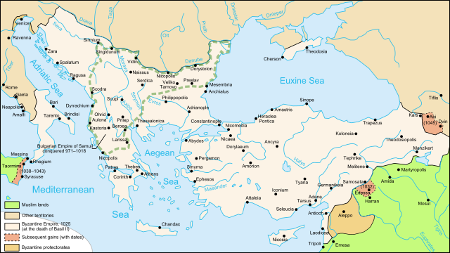 Het Byzantijnse Rijk bij de dood van Basileios I in 1025