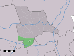 The town centre (dark green) and the statistical district (light green) of Lemele in the municipality of Ommen.