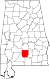 Harta statului Alabama indicând comitatul Butler