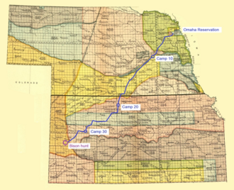 The last tribal hunt of the Omaha, December 1876 to March 1877. After more than 30 camp moves, the hunters finally found a herd 400 miles outside the Omaha Reservation (Nebraska). In 1912, Gilmore secured the account of the hunting expedition into Kansas from Francis La Flesche. La Flesche was one of the Omaha scouts looking for a game. (Route approximately). Map showing the route of the Omaha tribe during the last bison hunt, 1876.png