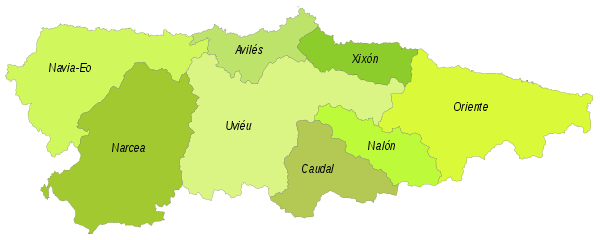 Mapa d'as comarcas d'Asturias.