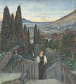 Marie Spartali Stillman - A lady with peacocks in a garden, an Italianate landscape beyond.jpg