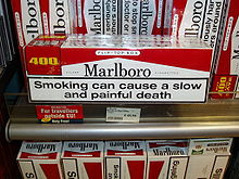 Cigarette packet warnings as part of anti-smoking campaigns Marlboro warning death.jpg