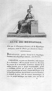 Page d'un texte écrit en français ; la première moitié est occupé par une effigie féminine, coiffée d'un casque à plumes, assise, s'appuyant sur une stelle où est inscrit "Au nom du peuple français".
