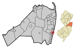 Mapa da praia de Bradley no condado de Monmouth.  Detalhe: localização do condado de Monmouth, destacada no estado de Nova Jersey.