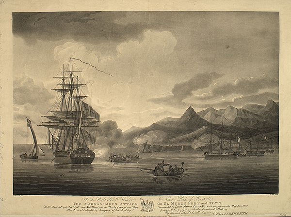 HMS Loire attacks Muros Fort, 4 June 1805, an aquatint by Thomas Buttersworth