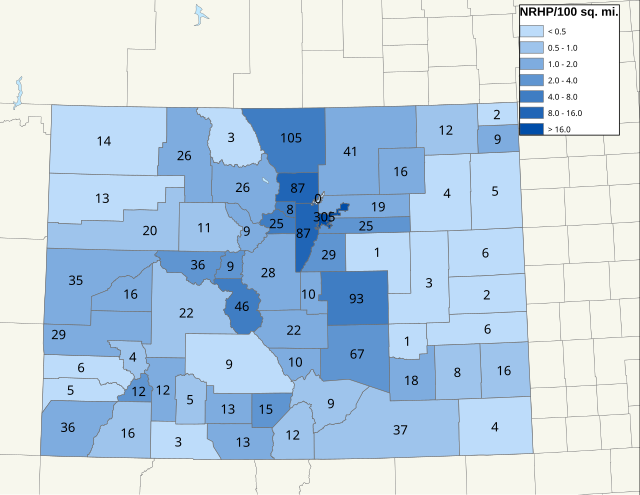 Distribuição de NRHPs nos condados do Colorado.