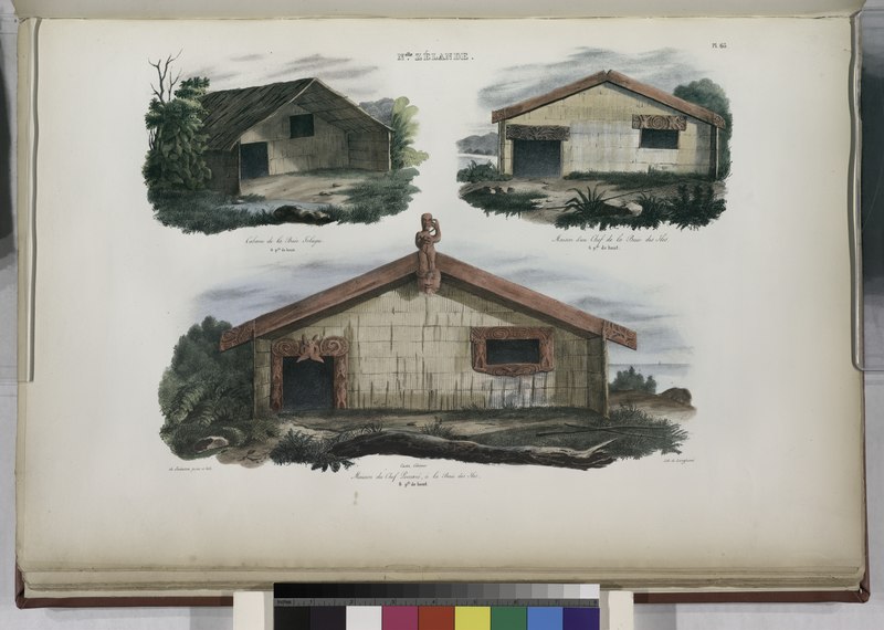 File:Nelle. Zélande. Cabane de la baie Tolaga. 6 pds de haut., Maison d'un chef de la baie des Sles. 6 pds de haut., Maison du chef Lomaré, á la baie des Sles. 8 pds de haut (NYPL b13624459-1266834).tiff