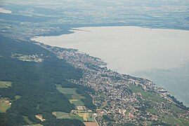 Aerial view of Neuchâtel and Lake Neuchâtel, looking to the north-east.