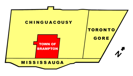 The areas of adjacent municipalities (beige) amalgamated with the Town of Brampton (red) in 1974 to create the present city.