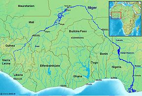 Kaart van die Nigerrivier-bekken in Afrika.