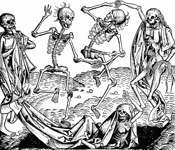 Animated skeletons in The Dance of Death (1493), a woodcut by Michael Wolgemut, from the Liber chronicarum by Hartmann Schedel.