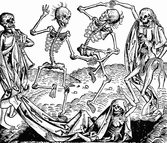 Animated skeletons in The Dance of Death (1493), a woodcut by Michael Wolgemut, from the Liber chronicarum by Hartmann Schedel.