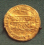 A mancus gold dinar of king Offa of Mercia, copied from the dinars of the Abbasid Caliphate (774); it includes the Arabic text "Muhammad is the messenger of God".