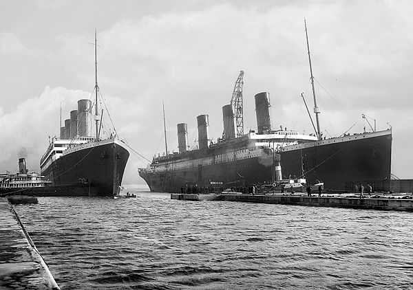 Two of the three Olympic-class ocean liners that were built; Olympic (left) and Titanic (March 1912)