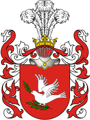 Escudo de armas de Stanisław Czerniecki, cargado con una paloma posada en una rama de olivo y sosteniendo otra en su pico