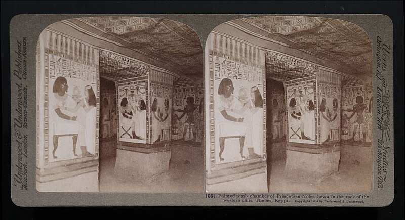 File:Painted tomb chamber of Prince Sen-Nofer, hewn in the rock of the western cliffs, Thebes, Egypt. (69) (1904) - front edited - TIMEA.jpg