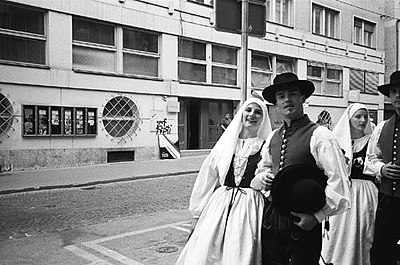 Parade of people in traditional Slovenian dress