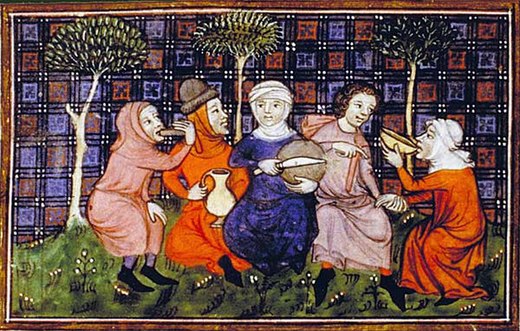 Peasants sharing bread, from the Livre du roi Modus et de la reine Ratio, France, 14th century. (Bibliothèque nationale)