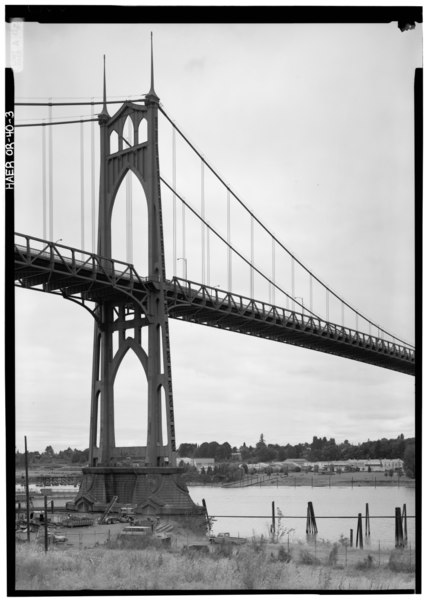 File:Perspective view of west tower from southwest - St. John's Bridge, Spans Willamette River at US Highway 30, Portland, Multnomah County, OR HAER ORE,26-PORT,13-3.tif