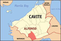 Mapa ng Cavite na nagpapakita ng lokasyon ng Alfonso.