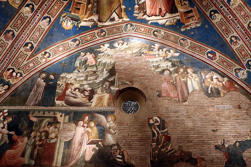 File:Pietro e giuliano da rimini, storie di maria del cappellone di s. nicola, 1320-25 ca., visitazione, natività, annuncio e adorazione 01.jpg