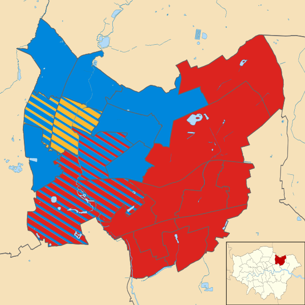 Map of the results of the 2014 Redbridge council election. Conservatives in blue, Labour in red and Liberal Democrats in yellow.