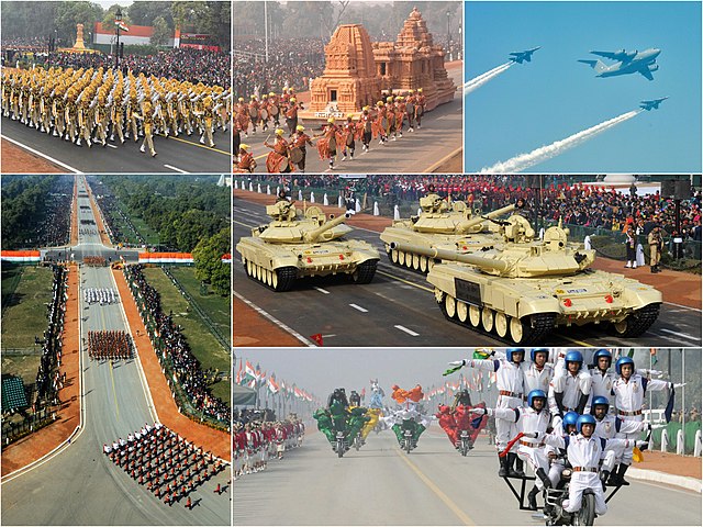 Clockwise from top left: CISF marching contingent (2017); tableau of Karnataka (2010); a C-17 Globemaster flanked by two Su-30 MKIs (2018); T-90 tanks