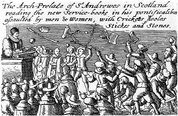 Riot sparked by Jenny Geddes over the imposition of Charles I's Book of Common Prayer in Presbyterian Scotland. Civil disobedience soon turned into ar