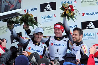 David Moller, Felix Loch and Andi Langenhan at the Flowers Ceremony after the Race Rodel-WM2008-Herren-Sieger2.jpg