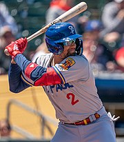 Royce Lewis, pictured here with the St. Paul Saints, hit two home runs and drove in all of the Twins' runs in Game 1. Royce Lewis (52092688665) (cropped).jpg