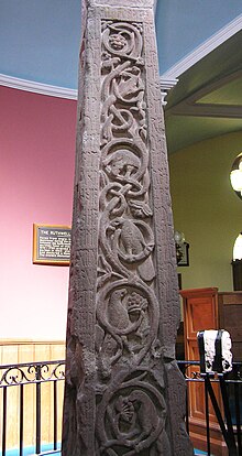 Old English runic inscription on the west face of the Ruthwell Cross. The cross also bears Latin inscriptions. It was erected in the eighth century in Dumfriesshire, then probably mostly a Celtic-speaking region. Ruthwell Cross - west face.jpg