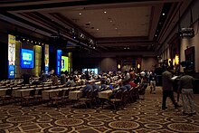 Keynotes in Las Vegas were indoors, here in 2004 at the MGM Grand SCO Forum 2004 main keynote session.JPG