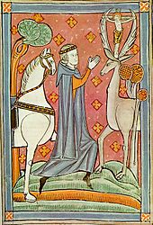 13th-century English illuminated manuscript depicting St Eustace and the white hart Saint eustace.jpg