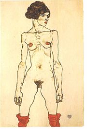 Dessin d'une femme nue debout, de face, tête de côté, jambes écartées coupées aux genoux avec des bas de même couleur que la bouche et les têtons