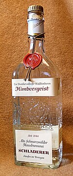 Himbeergeist made from wild raspberries in the Black Forest region of Germany Schladerer Vierkantflasche Himbeergeist.jpg