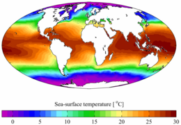 Annual mean sea surface temperature for the World Ocean. Data from the World Ocean Atlas 2001.