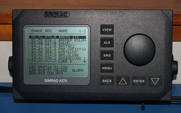 A vessel's text-only AIS display, listing nearby vessels' range, bearings, and names