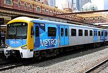 Metro Trains Melbourne set 755M in Metro livery, part of the suburban train fleet in Melbourne. The Department of Transport was responsible for planning, policy, and legislation for the transport system in Victoria. As a result, the department drove the integration of Victoria's transport land and water transport systems and the delivery of public transport, road and port services and associated activities across the State. Siemens train in Metro Trains Melbourne Livery.jpg