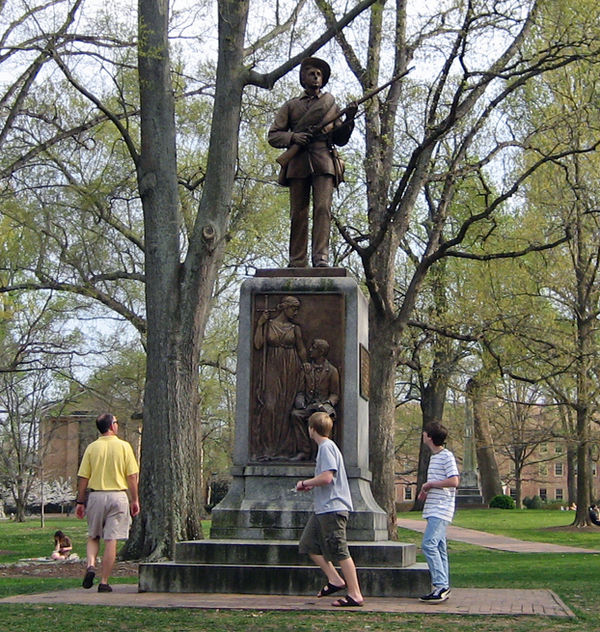 Statue of Confederate soldier Silent Sam. The statue was toppled by a crowd in 2018, and the plinth (pedestal) was ordered removed by Chancellor Carol