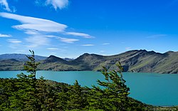 Syncline next to Nordenskjold Lake in Torres del Paine National Park. The syncline formed during the Andean orogeny. Sinclino Nordenskiold.jpg