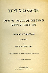 The title page of Konungasagor (1889) by Snorri Sturluson, published by Hans Hildebrand.