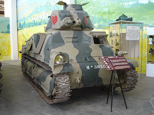The S35 tank displayed in the museum building at Saumur. The cupola hatch added by the Germans is clearly visible