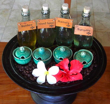 The scented oil menu at a spa in Sanur, Bali