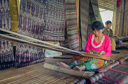 T'boli dream weavers using two-bar bamboo backstrap looms (legogong) to weave t'nalak cloth from abacá fiber. One bar is attached to the ceiling of the traditional T'boli longhouse, while the other is attached to the lower back.[8][9]