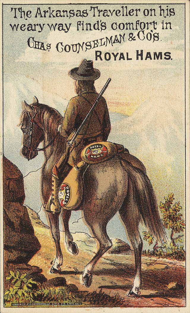 The Arkansas Traveller on his weary way (an advertisement from 1900 for ham)