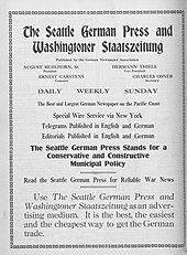 A full-page ad in Seattle magazine The Town Crier (August 7, 1915) promotes the city's two German-American newspapers, one in English and one in German, and promises "Reliable War News". The Town Crier, v.10, no.32, Aug. 7, 1915 - DPLA - 9f439e1283fe9793c210a74b8e85dc66 (page 16).jpg
